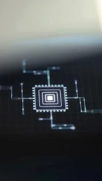 Central chip icon connected through illuminated circuit paths Stock Photos