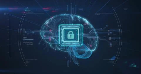 Central chip pulsing, holographic brain lighting pink nodes and extending lines Stock Illustration