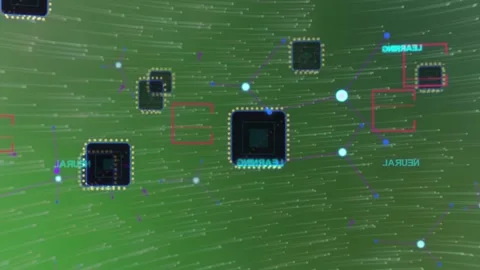 Central chip reacting as playback starts, highlighting AI links with cyan tags Stock Footage 332844169