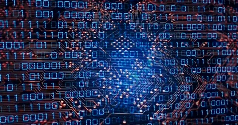 Central chip receiving data pulse, binary stream scrolling, traces pulsing, Stock Footage 329575143