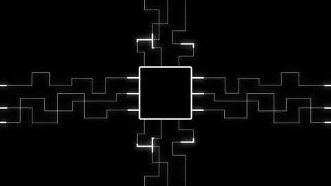 Central Chip With White Outline Circuit Lines In Abstract Digital Design. Stock Footage 320133756