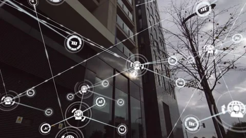 Central circle appearing network expanding over facade, spawning globe user Stock Footage 334039459