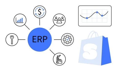 Central circle with ERP, surrounded by icons representing financial managemen 스톡 일러스트