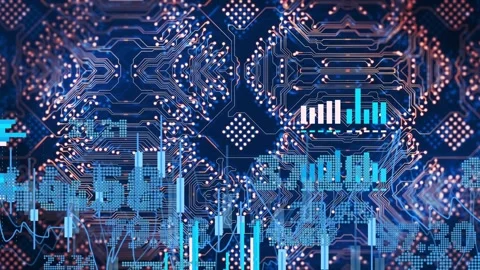 Central circuit pattern glowing live feed causing holo bars rising and waves Stock Footage 335739856