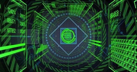 Central circular data hub rotating in neon tunnel, with floating holograms, Stockillustratie