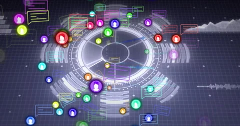 Central circular hub rotating amid segmented rings, user icons and chat bubbles Stock Footage 307884679