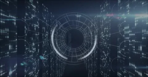Central circular HUD activating after grid drawing rings, arcs sweeping Stock Illustration