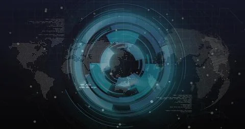 Central circular HUD receiving data pulse, expanding rings and rotating arcs Stock Illustration