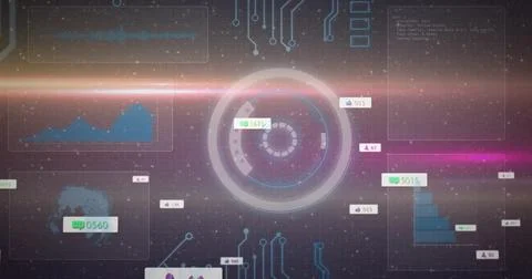 Central circular HUD rotating in dashboard, with code panel, circuit traces and Stock Photos