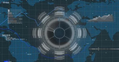 Central circular HUD rotating in digital interface, showing data graphics and Stock Photos