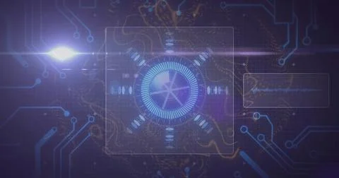 Central circular HUD spinning in virtual UI showing panels, waveform, circuit Stock Illustration