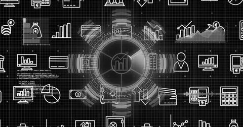 Central circular interface displaying bar chart and line graph icons in dark Stock Photos