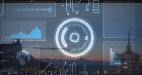 Central circular interface projecting HUD elements over blurred cityscape at Stock Footage 307454180
