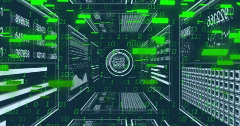 Central circular interface rotating in data tunnel, streaming binary digits and Stock Footage 307431262