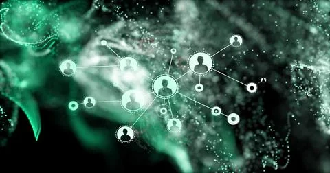 Central circular user icons glowing in network space, with connecting lines and Stock Illustration
