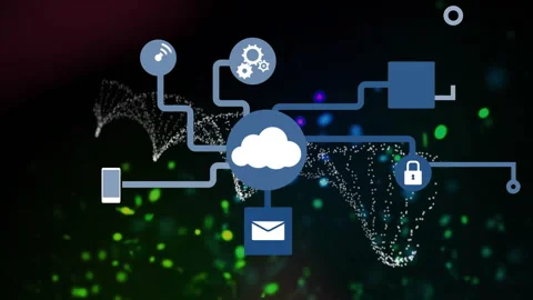 Central cloud computing icon connecting service icons on dark gradient with Video stock 307462822
