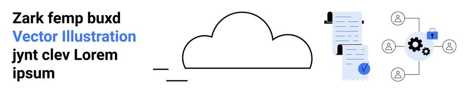 Central cloud with document, workflow around gear, user icons. Ideal for web, Stock Illustration