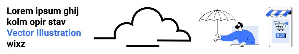 Central cloud icon with text on left, person with an umbrella on right, e-com 스톡 일러스트