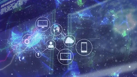 Central cloud pulsing, gear appearing, nodes linking and icons forming cloud Stock Footage 335739496