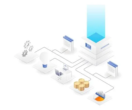 Central cloud server has many investment business office branches Stock Illustration