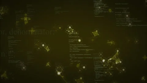 Central cluster of C++ code snippets floating in dark cyber space, showing Stock Footage 307461229