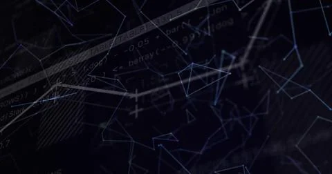 Central cluster glowing wireframe triangles connecting lines in digital network, Stock Illustration