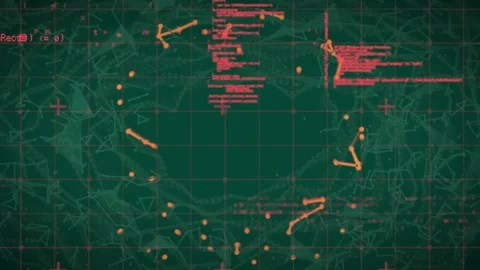Central code block thinning, orange nodes migrating outward forming ring on tech Stock Footage 330330873