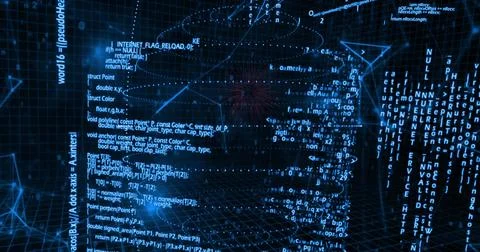 Central code column pulsing from data surge in cybersecurity display, emitting Stock Photos