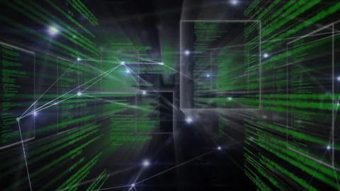 Central code panels moving through 3D cyberspace grid, with glowing nodes and Stock Footage 309103185