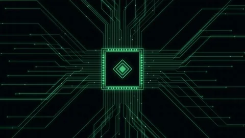 Central computer processor chip surrounded by complex circuit board pathways 스톡 동영상 347514264