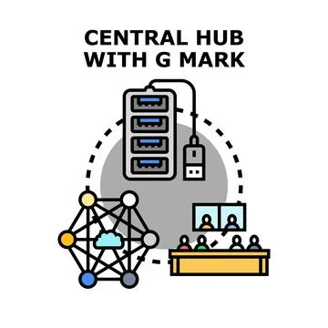 Central computing hub connecting nodes and team members Illustrazione stock