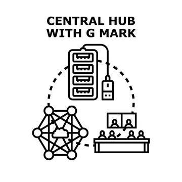 Central computing hub connecting nodes and team members Ilustração Stock