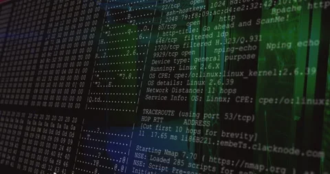 Central console showing Nmap scan output moving over hex grid left beside green Stock Footage 309282331
