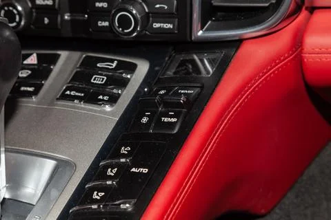 The central control console on the panel inside the car close-up with climate Stock Photos