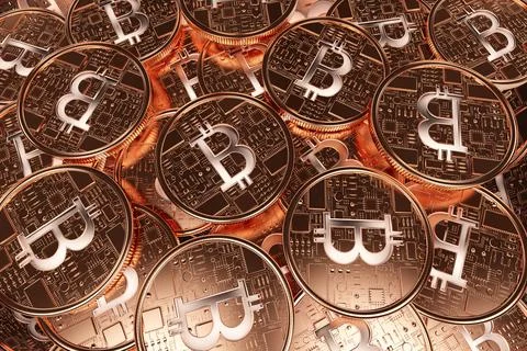 Central copper Bitcoin coin is hovering amid stacked coins in 3D render, showing Illustrazione stock