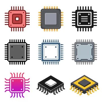 Central cpu processor icon set collection in flat style. Microprocessor vec.. Ilustración de archivo