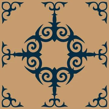 Central, dark blue stylized ethnic motif with curved, scrolling element, corner  Stock Illustration