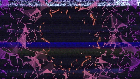 Central dark glitch rectangle display emitting scanlines amid floating nets with Stock Footage 307453271