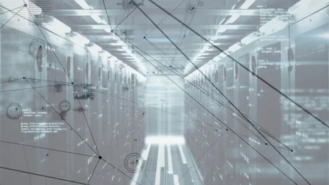 Central data center corridor glowing with LEDs, streaming network nodes and code Stock Footage 307464487
