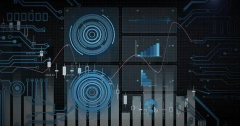 Central data dashboard displaying charts in control interface, with HUD dials Foto stock