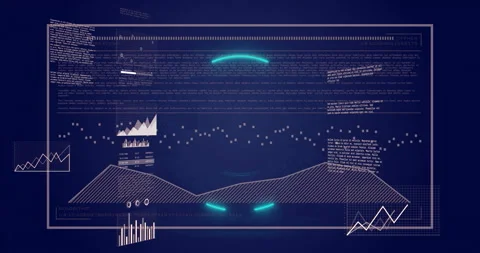 Central data dashboard panel showing line graphs bar charts and code blocks in Video stock 307436497
