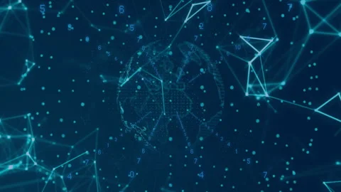 Central data globe glowing and rotating in flat design network scene, with mesh Stock Footage 309284591
