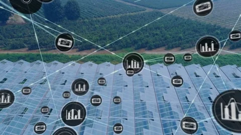 Central data icon appearing, greenhouse hosting expanding sensor overlay mapping Stock Footage 330396770