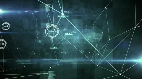 Central data indicator is glowing among network lines and chart glyphs in flat Stock Illustration