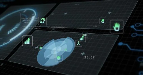 Central data panel floating in digital data interface, with radar graphic, co Stock Illustration