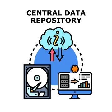 Central data repository network storing and analyzing information Illustrazione stock