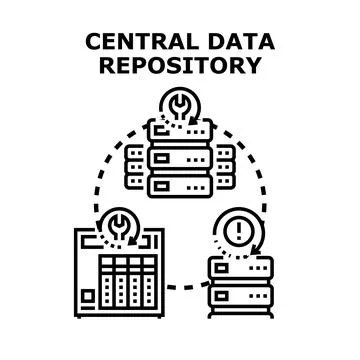 Central data repository system management and network connection Illustrazione stock
