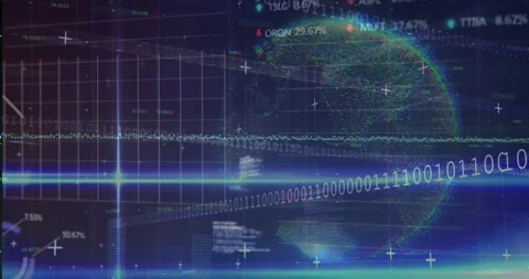 Central data ribbon pulsing, initiating scans, animating binary ribbon, globe, Stock Footage 331820431
