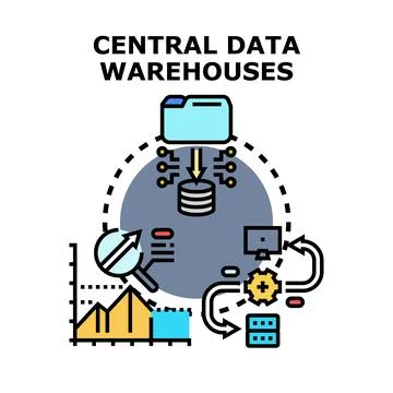 Central data warehouses managing information processing and analysis イラスト素材