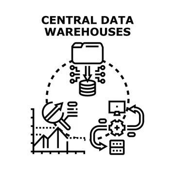 Central data warehouses managing information processing and analysis Stock Illustration